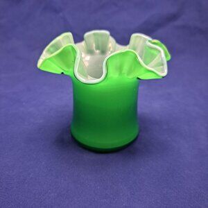 Vintage Fenton Green Glass Top Hat Vase Ruffled Edge Decorative Glassware